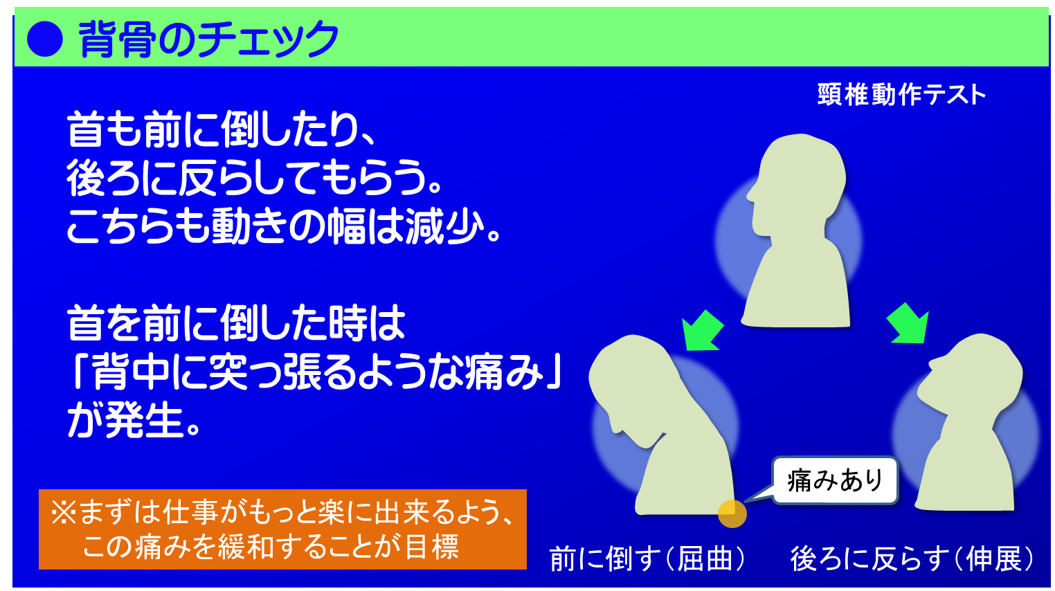 首も無理のない範囲で前に倒したり、後ろに反らしたりしてもらいます。こちらも動きの幅は減少。とくに首を前に倒した時は「背中に突っ張るような痛み」が発生