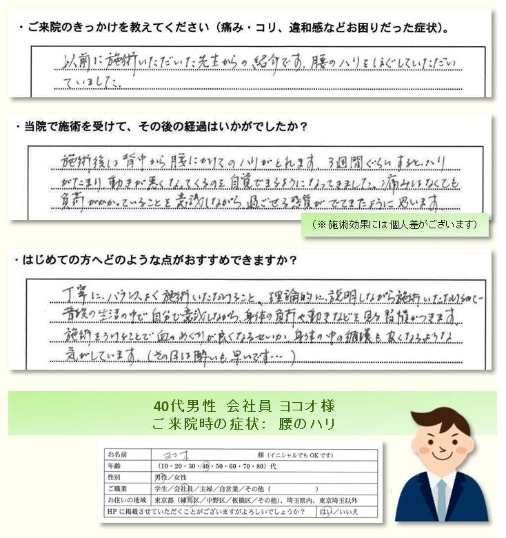 お客様の喜びの声・感想／腰のハリでのご来院／練馬区の整体　富士見台カイロプラクティックセンター