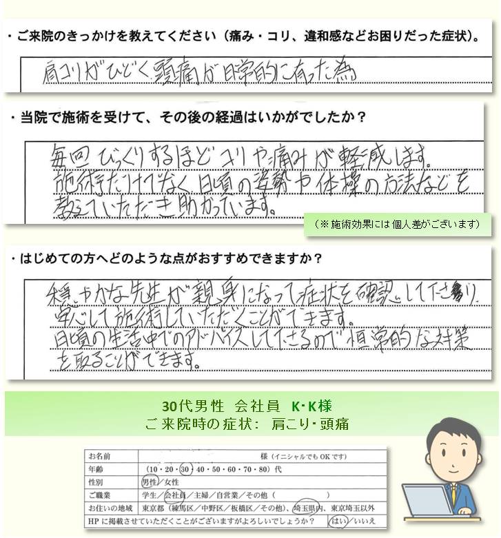 お客様の喜びの声・感想／肩こり・頭痛でのご来院／練馬区の整体　富士見台カイロプラクティックセンター