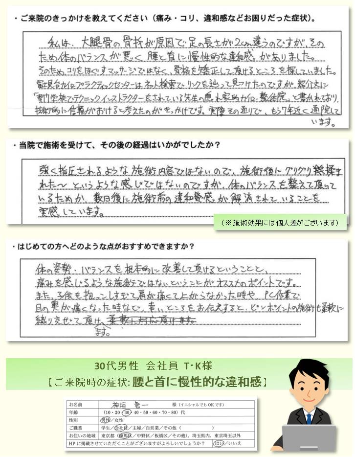 お客様の喜びの声・感想／腰と首に慢性的な違和感でのご来院／練馬区の整体　富士見台カイロプラクティックセンター