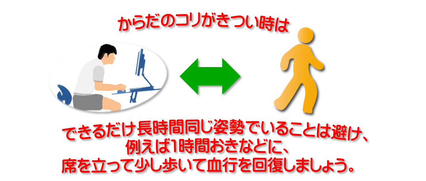 コリがきつい時、痛みがある時は長時間の不動は避けてこまめに動きましょう。